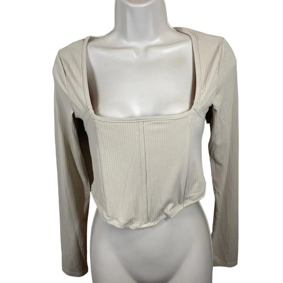 Lulus Flair for the Flirty Beige Ribbed Long Sleeve Bustier Crop Top medium - Picture 2 of 8